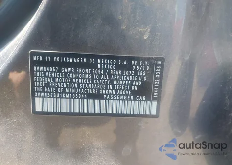 2019 Volkswagen Jetta 1.4T S from USA, damaged, VIN 3VWN57BU1KM195944